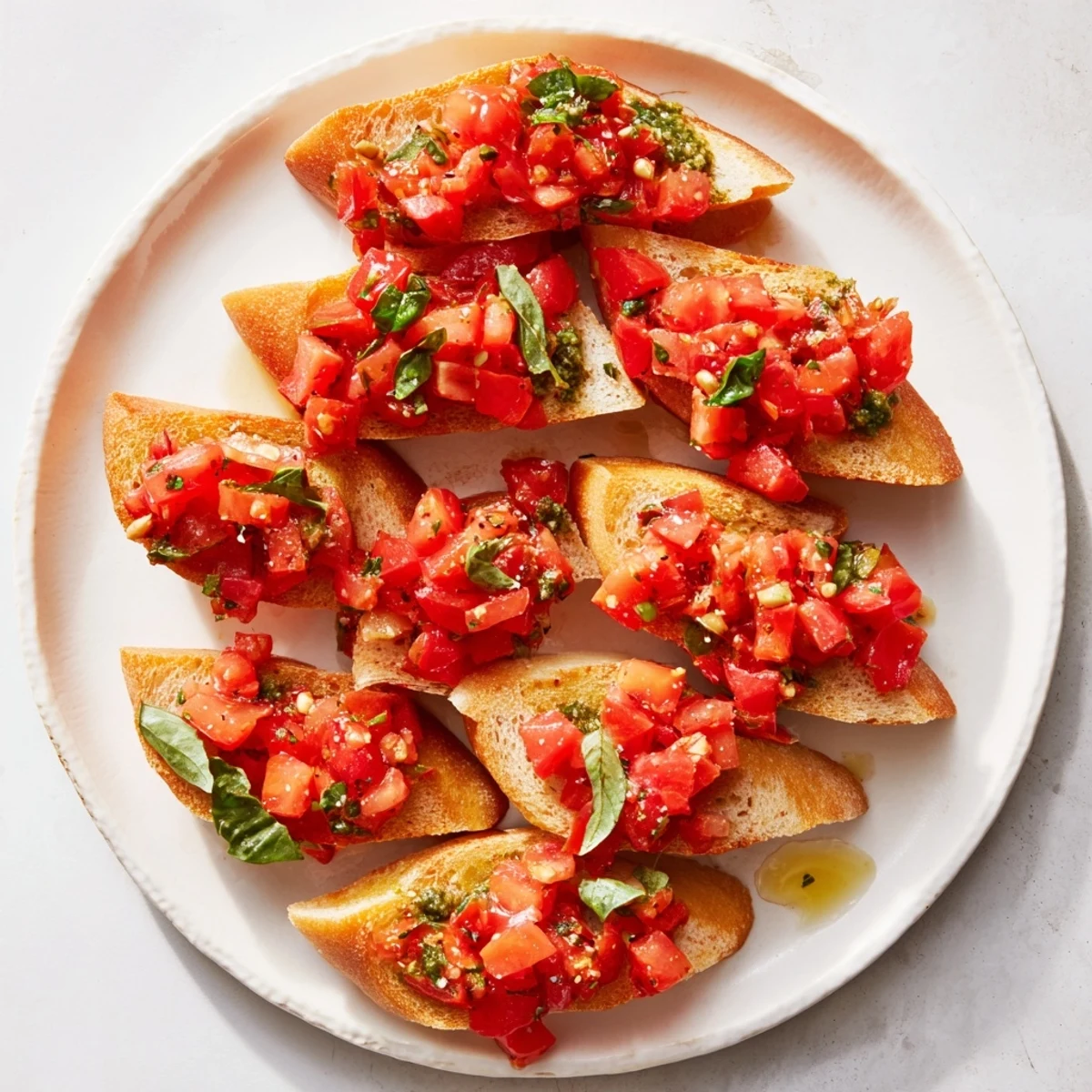 Crispy, golden Bruschetta Toasts arranged in a diagonal line, overflowing with fresh tomato topping.