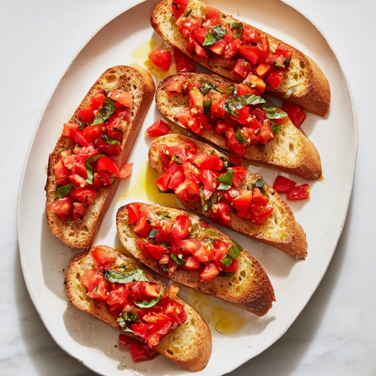 Freshly made Bruschetta Toasts, Italian appetizer, with vibrant tomatoes and basil, perfect for sharing.