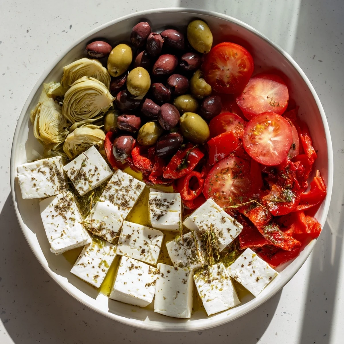 A colorful Black Olive and Sun-Dried Tomato Platter: a delicious appetizer ready for the party.