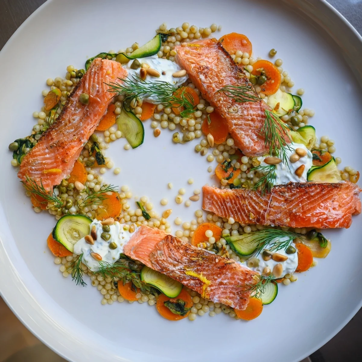 Elegant The Infinity Loop Flow dish: Flaked salmon, colorful veggies, and couscous arranged beautifully.