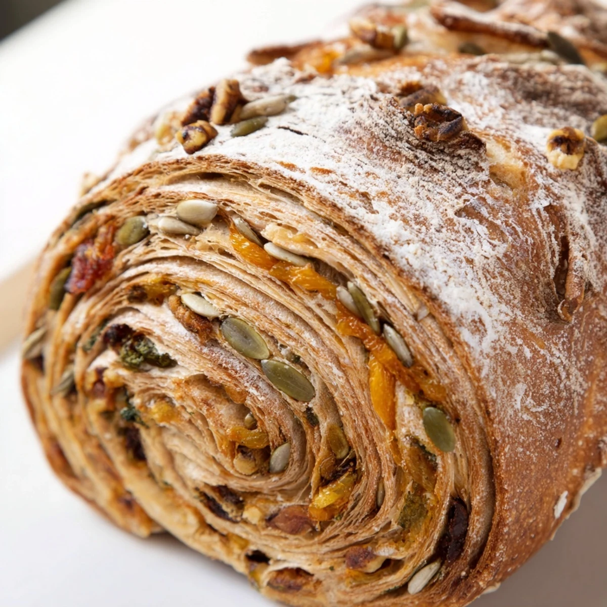 Golden brown Fibonacci Spiral Growth Bread, a stunning artisan loaf with spiraling segments.