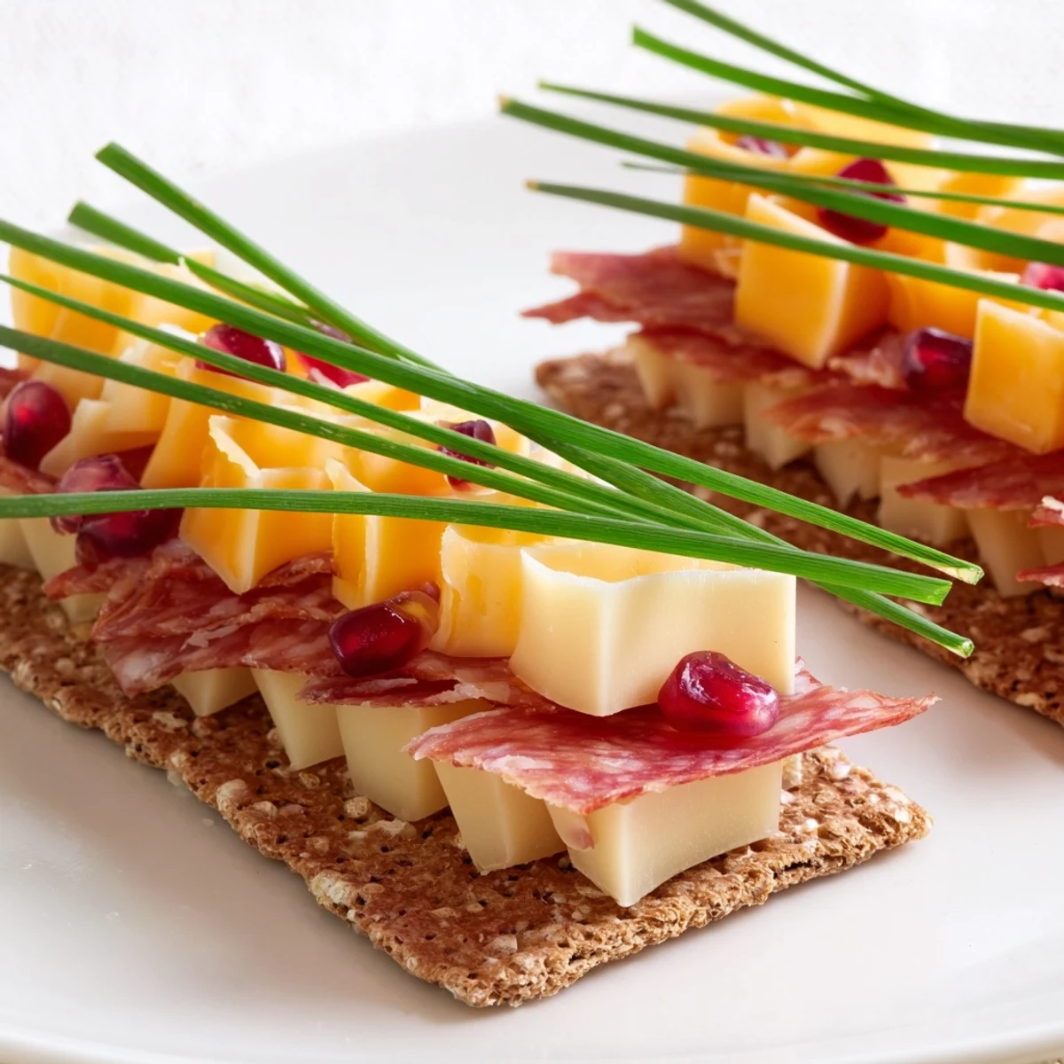 Layered Urban Skyline appetizer, a beautiful stack of cheese, crackers, and meats, ready to serve.