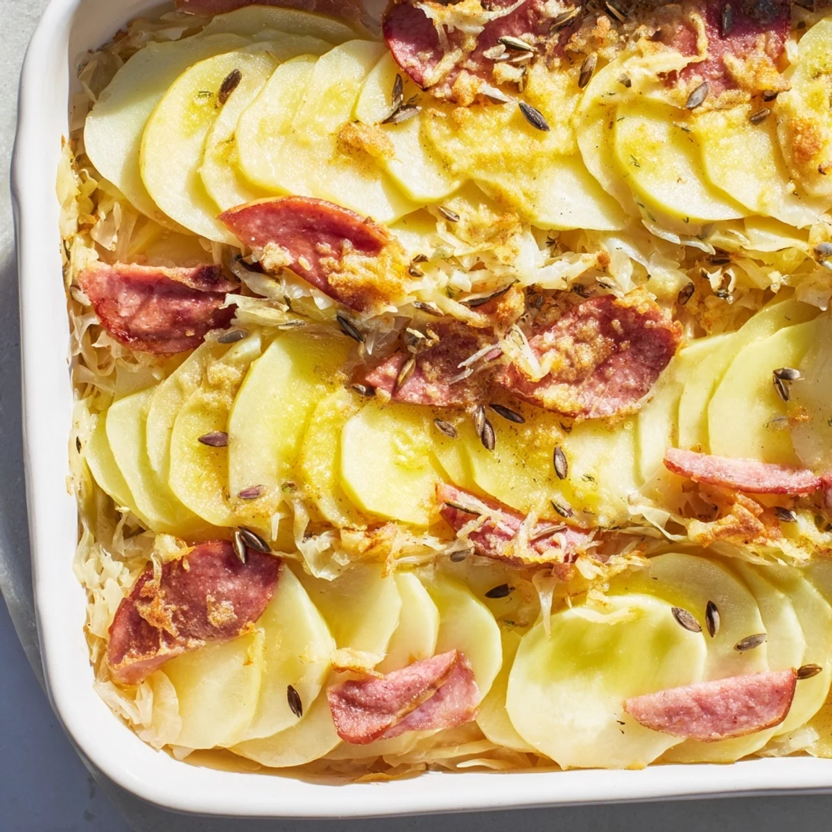 Golden-brown Sauerkraut Casserole with maple-glazed apples, a comforting German-American main course.