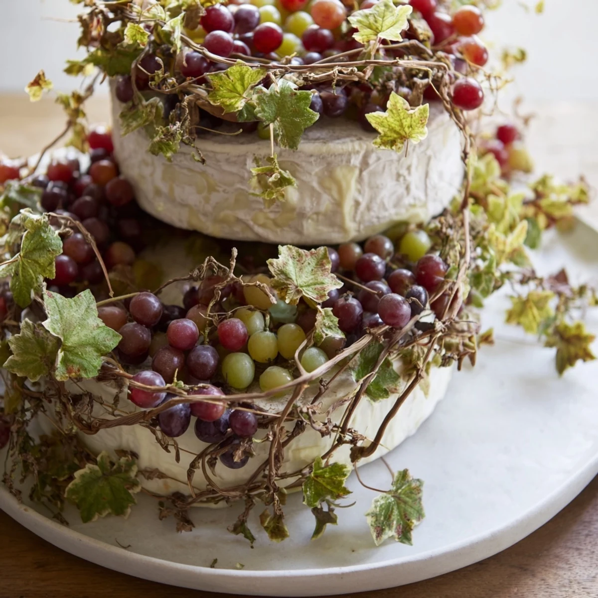 This rustic vineyard appetizer features wheels of cheese draped with grapevines and inviting grapes.