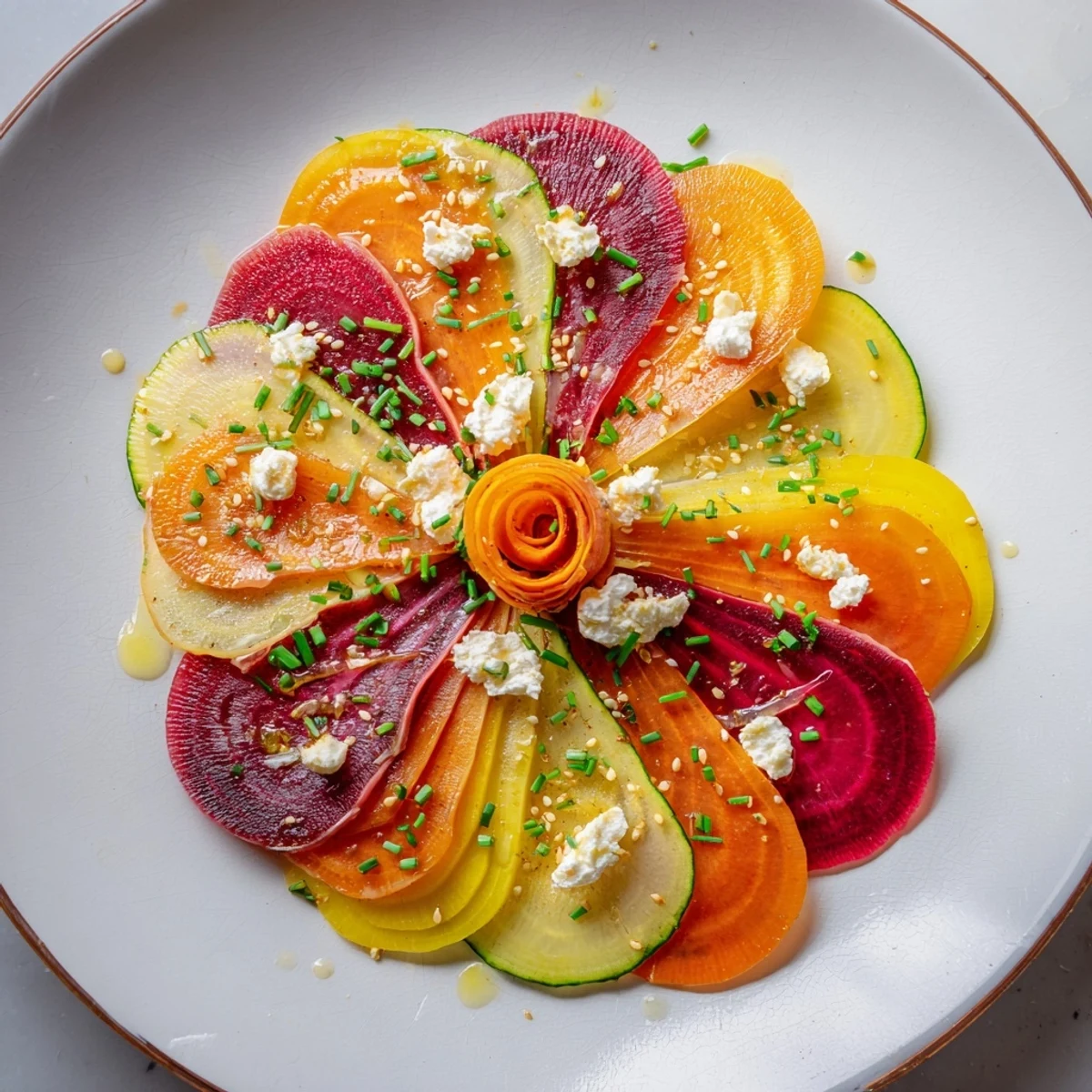 Artfully arranged Radial Symmetry Sunburst salad, showcasing vibrant vegetable slices and creamy goat cheese.