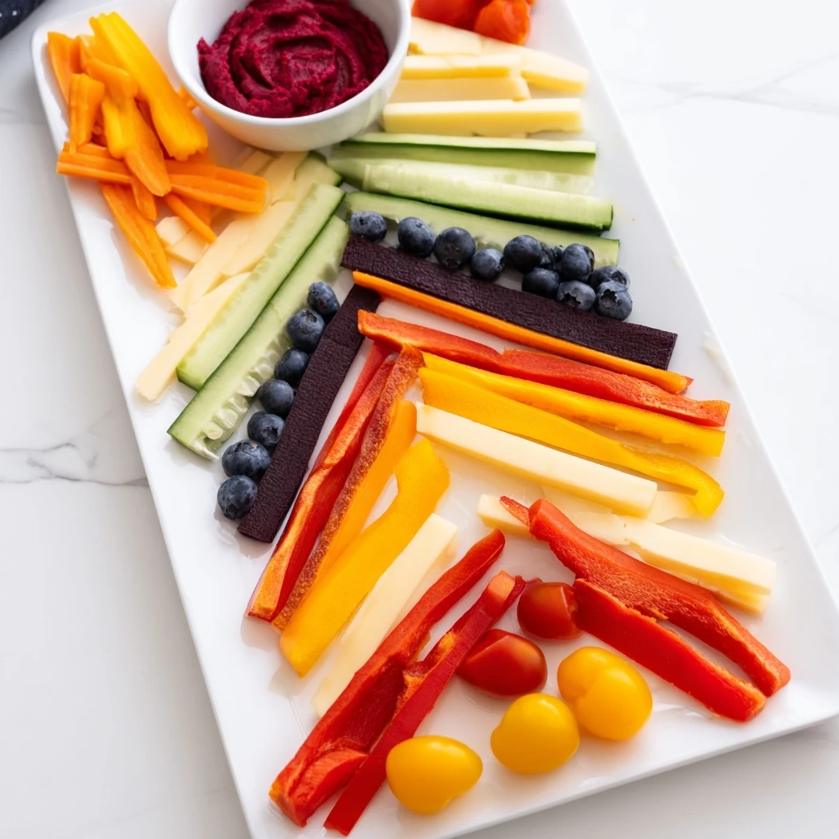 Zig-Zag Lightning Strike appetizer platter with vibrant red peppers and creamy gouda slices.
