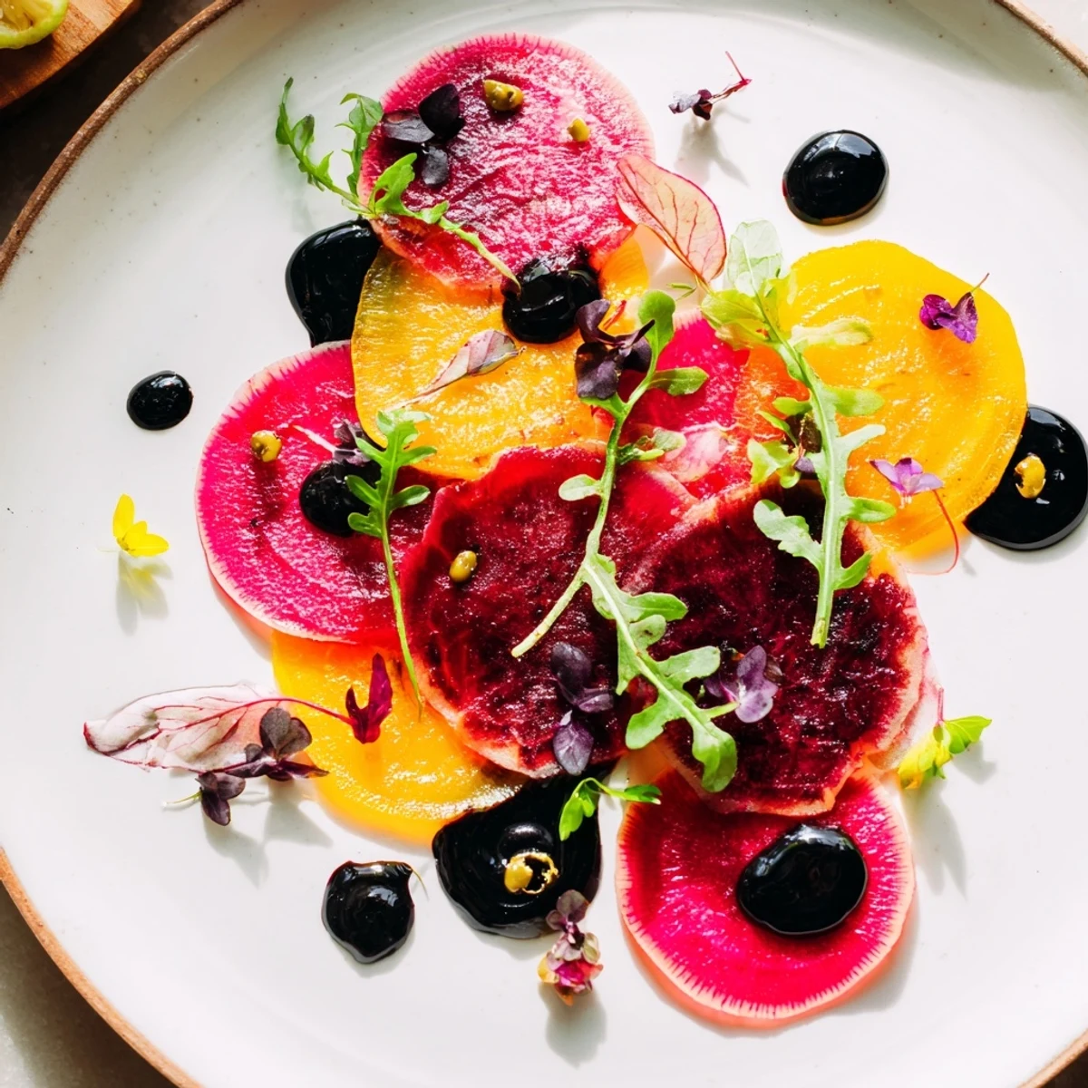 A vibrant plate of The Shadow Play appetizer features layered beets and radish.