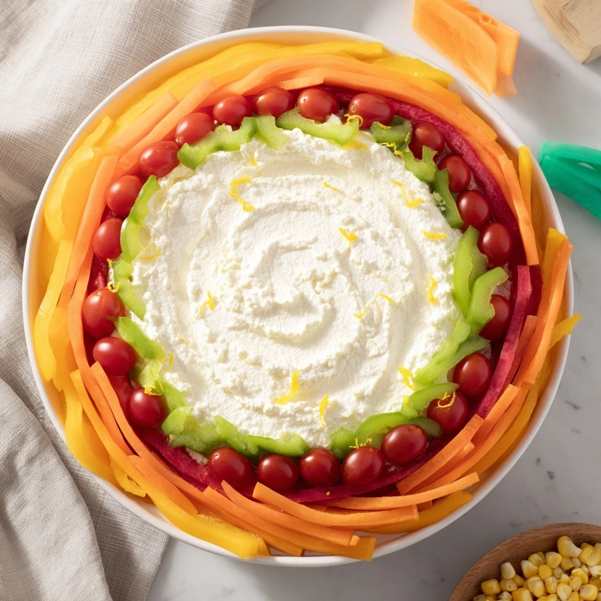 A colorful The Prism Burst salad arrangement with vibrant tomatoes, bell peppers, and fresh herbs.