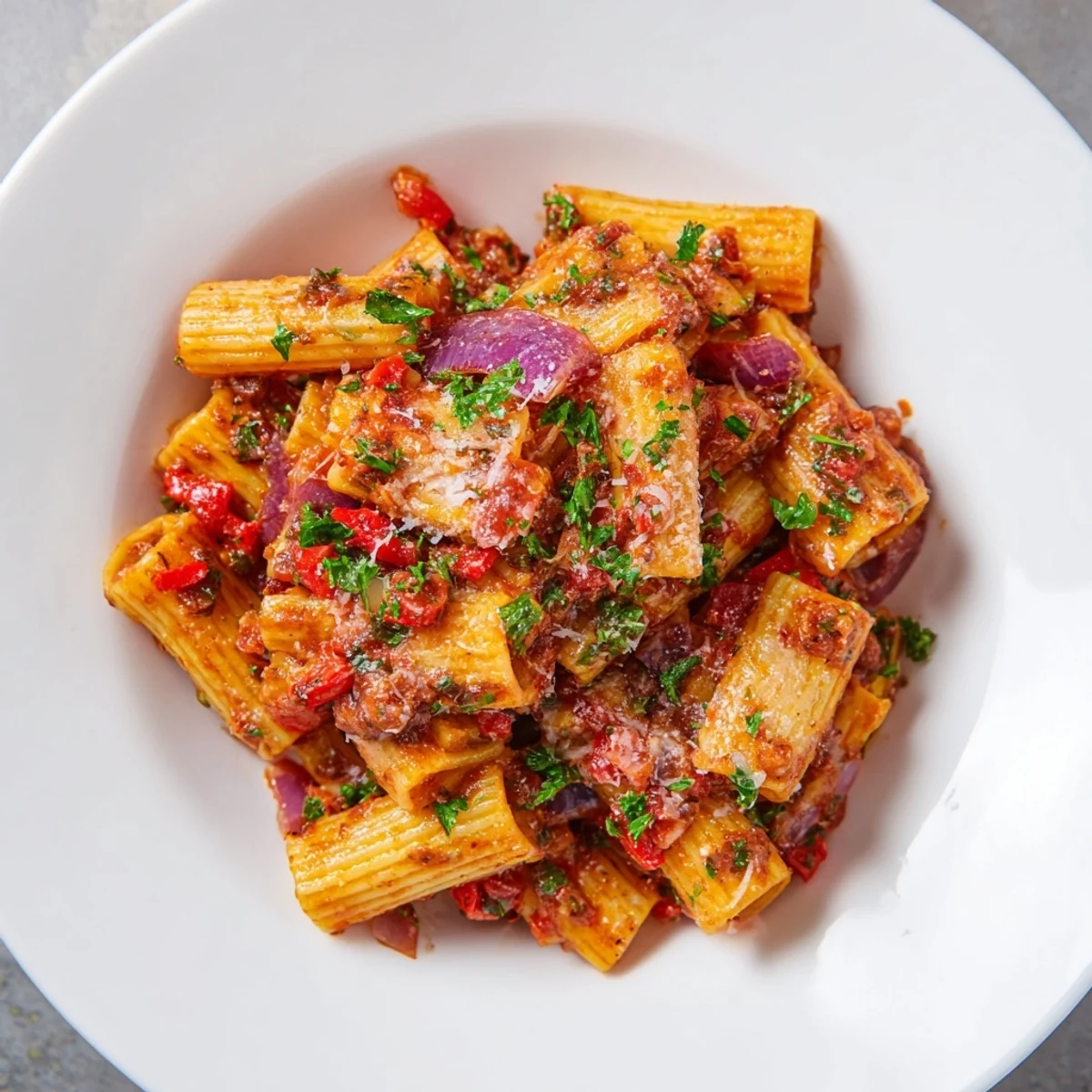 A close-up of delicious One-Pot Diavola Spicy Pasta, with Parmesan cheese and fresh herbs as a garnish.