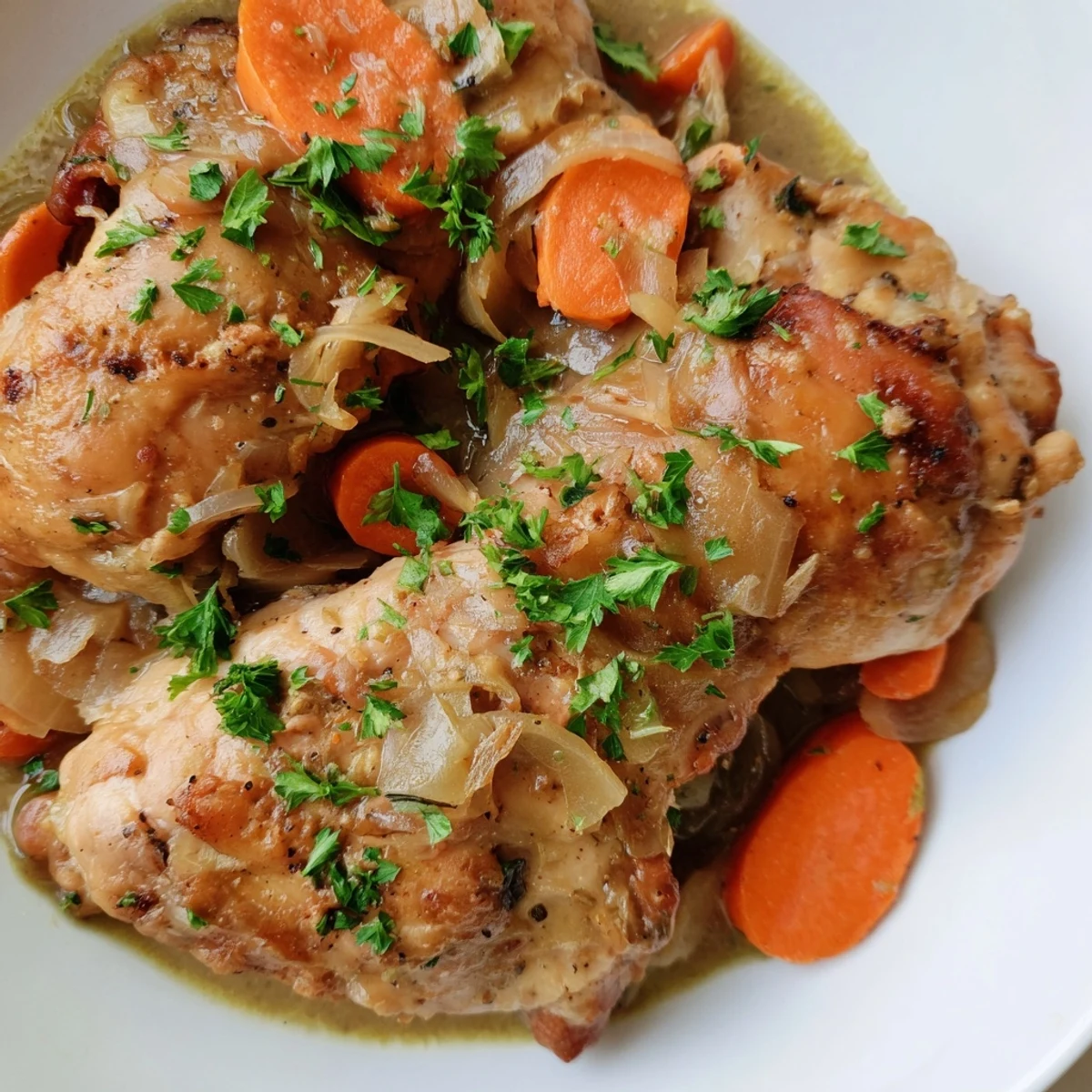 Georgia Pot Roast Chicken simmering in a Dutch oven with golden chicken and sweet onions.