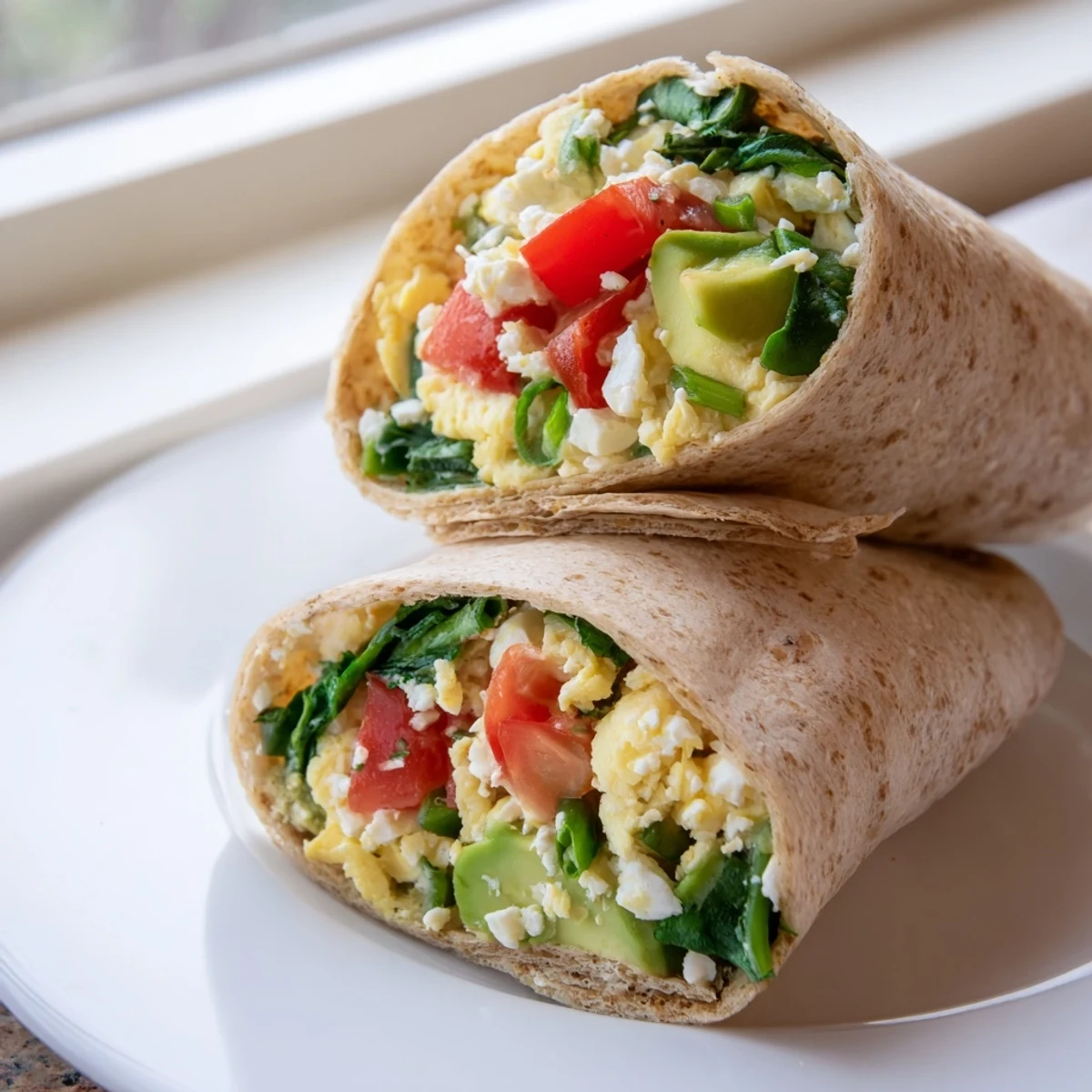 Savory feta egg wrap, a Mediterranean-inspired breakfast, packed with protein and colorful vegetables.
