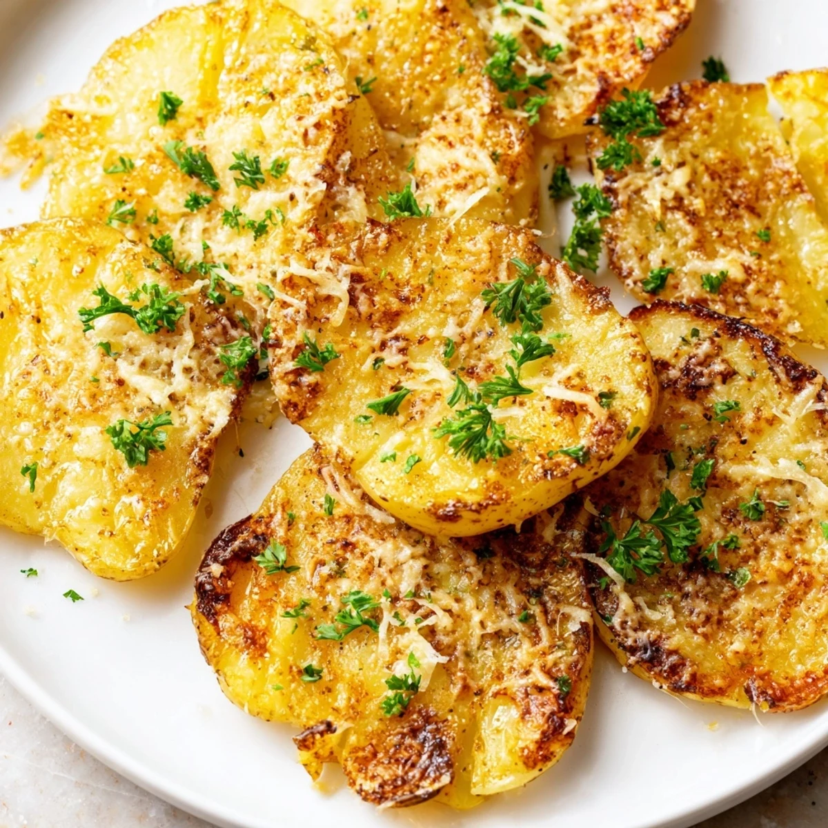 Golden, crispy Garlic Parmesan Potatoes, perfect for snacking or as a delicious side dish.