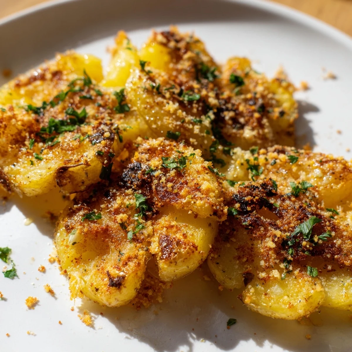 Warm, flavorful Garlic Parmesan Potatoes, garnished with fresh parsley, ready to enjoy with a meal.