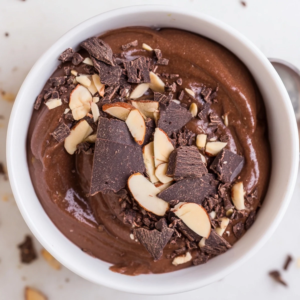 A bowl of rich Chocolate Avocado Mousse, a creamy vegan dessert ready to enjoy.
