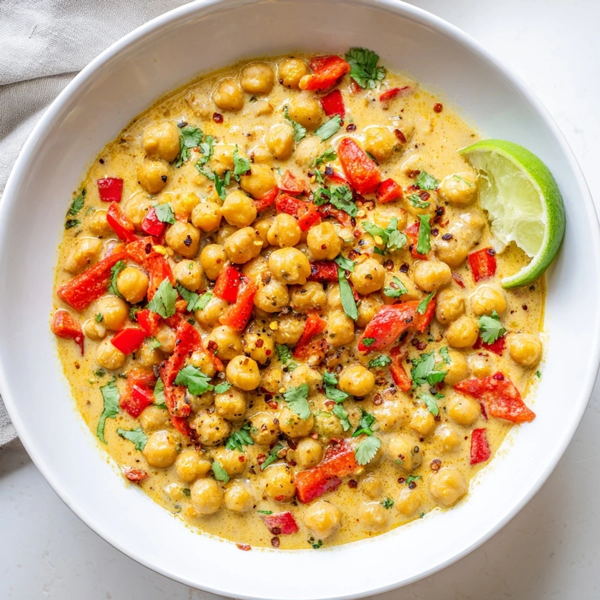 Warm, fragrant Chickpea Curry bubbling in a pot, served with fresh cilantro and a lime wedge.
