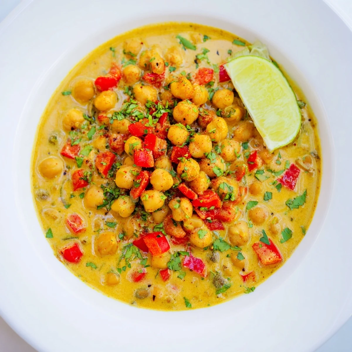 Creamy homemade Chickpea Curry with vibrant vegetables, promising a comforting and flavorful vegan meal.