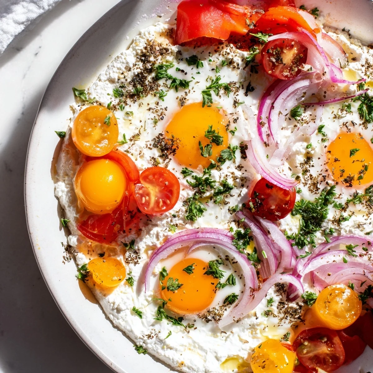 Mediterranean Baked Feta & Eggs: A close-up of a bubbling egg bake with feta cheese and juicy tomatoes.