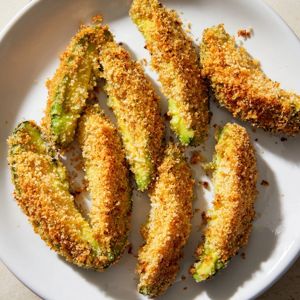 Golden, crispy baked avocado fries served with a dipping sauce, ready to enjoy as appetizer.
