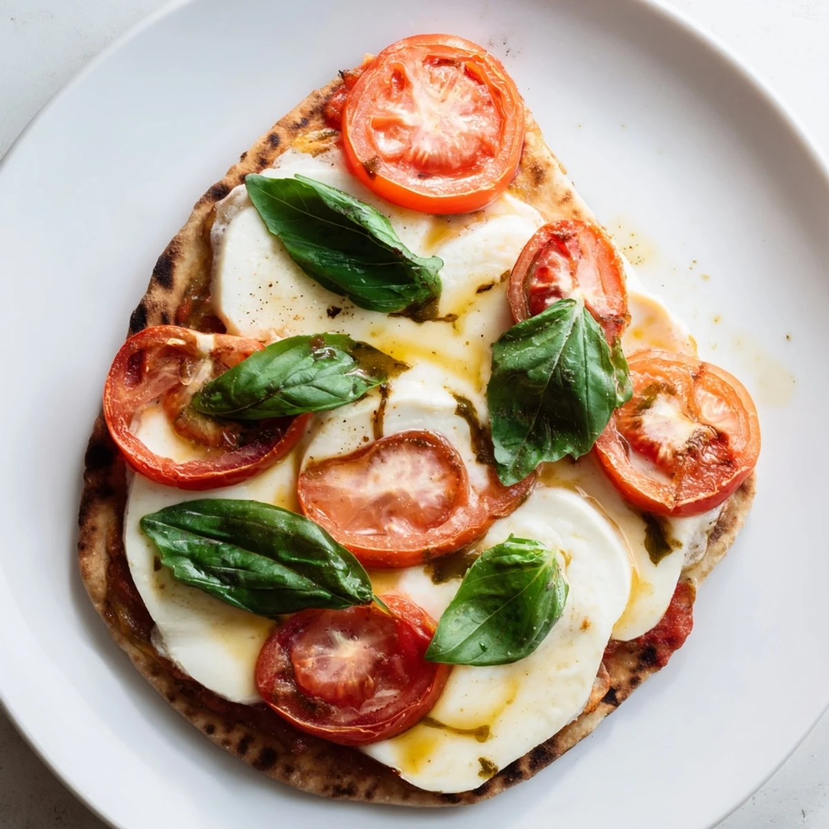 Quick Margherita Naan Pizza: A bubbling, cheesy flatbread with fresh tomatoes and basil ready to serve.