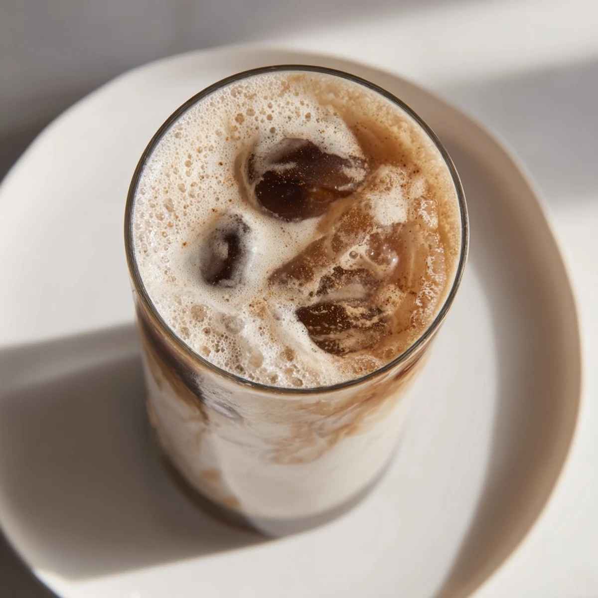 Iced Brown Sugar Oat Latte swirled with frothy oat milk, a delicious vegan coffee drink.