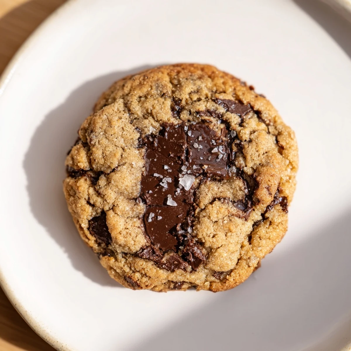 Golden-brown Miso Brown Butter Cookies, ready to eat, featuring generous chocolate chunks, a perfect pairing.