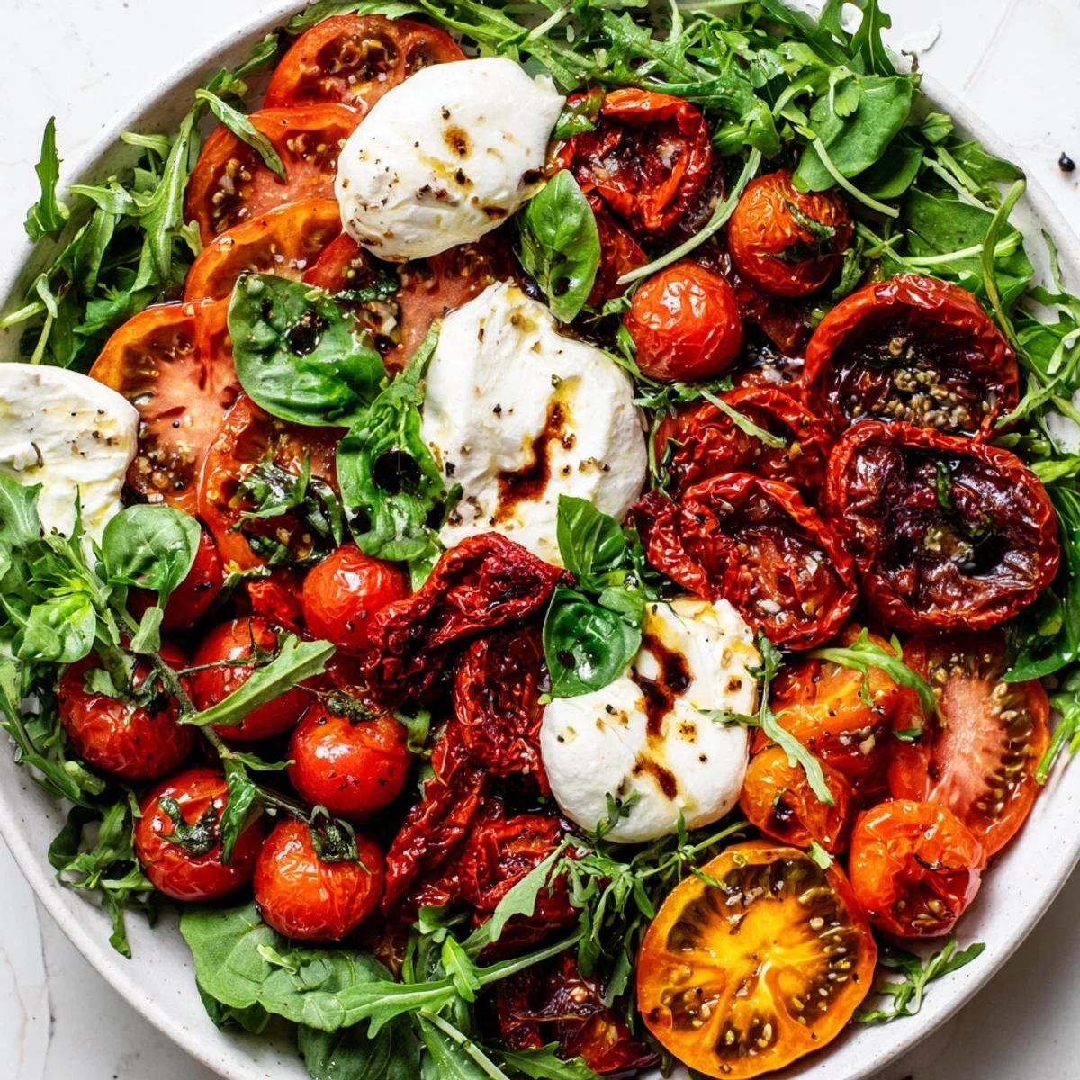 Vibrant Tomato Flight Salad with roasted tomatoes, creamy burrata, and fresh basil, ready to serve.