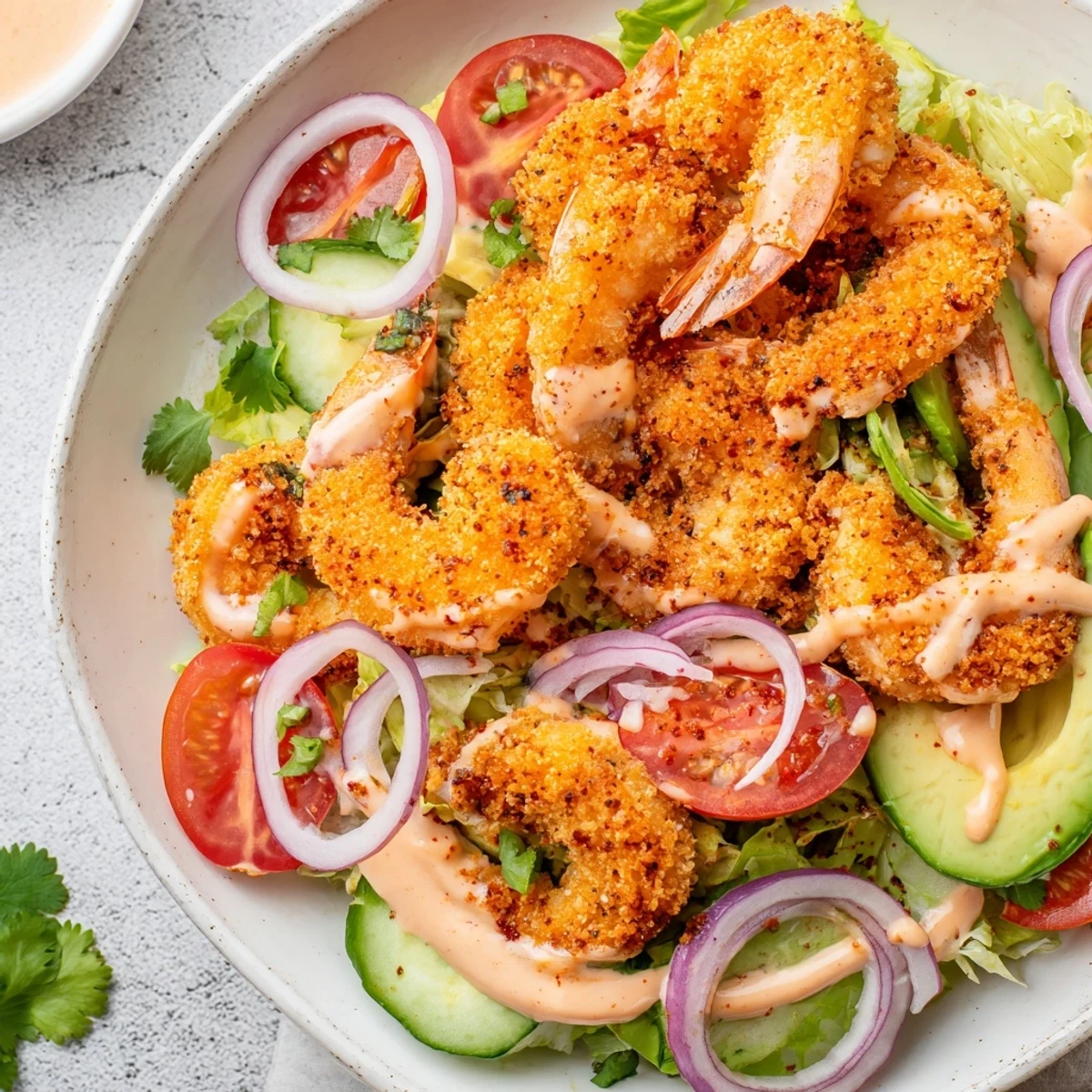 Enjoy the Spicy Crispy Shrimp Salad: a delicious, flavorful meal with a touch of heat.