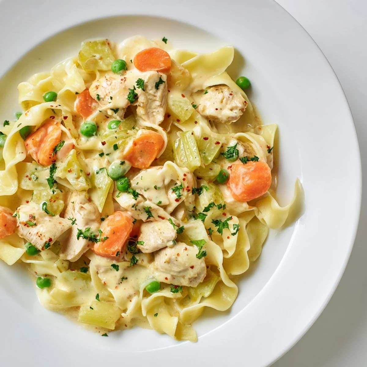 Tender Creamy Chicken and Egg Noodles, a warm bowl filled with savory comfort.