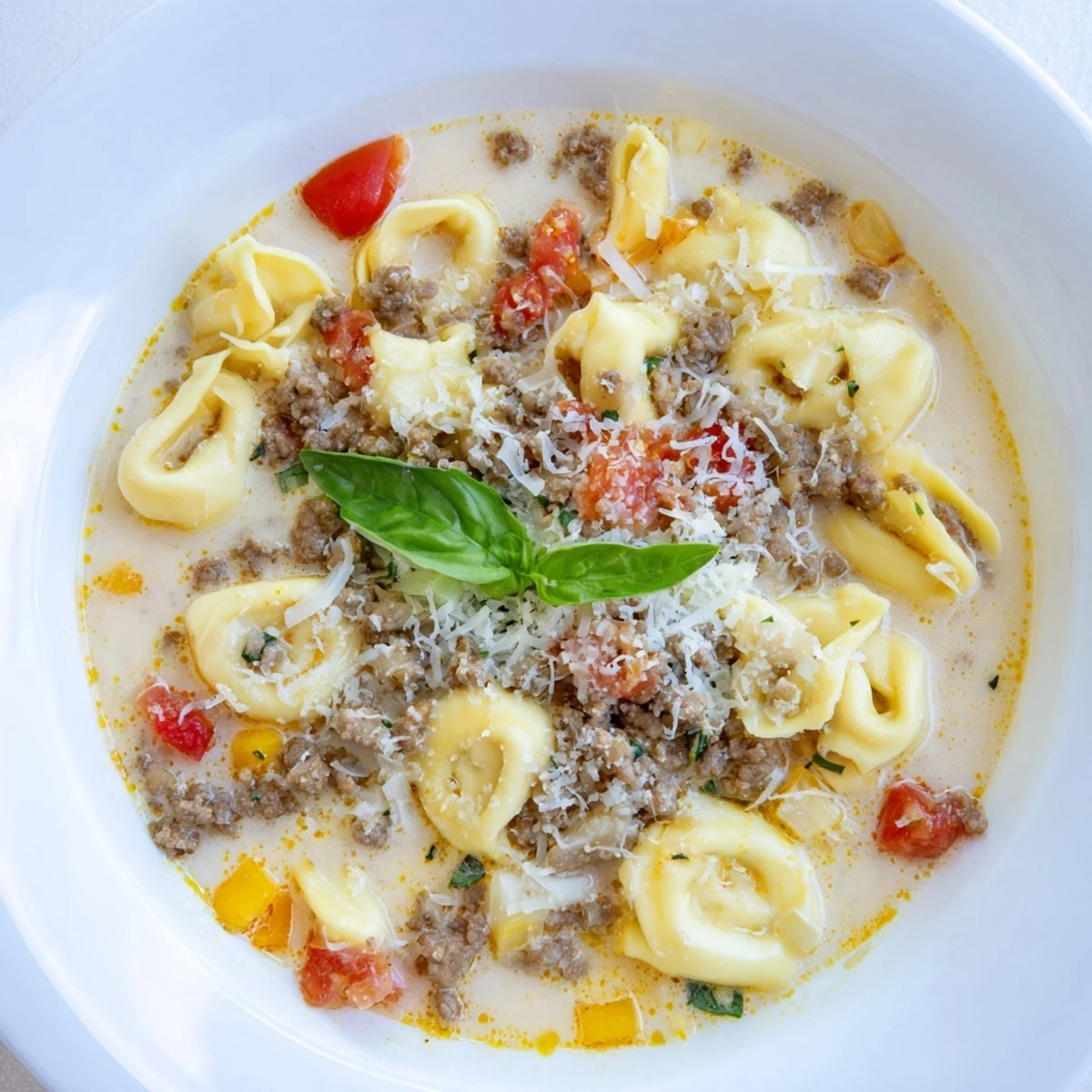 A steaming bowl of comforting Tortellini Beef Soup, garnished with vibrant fresh basil.