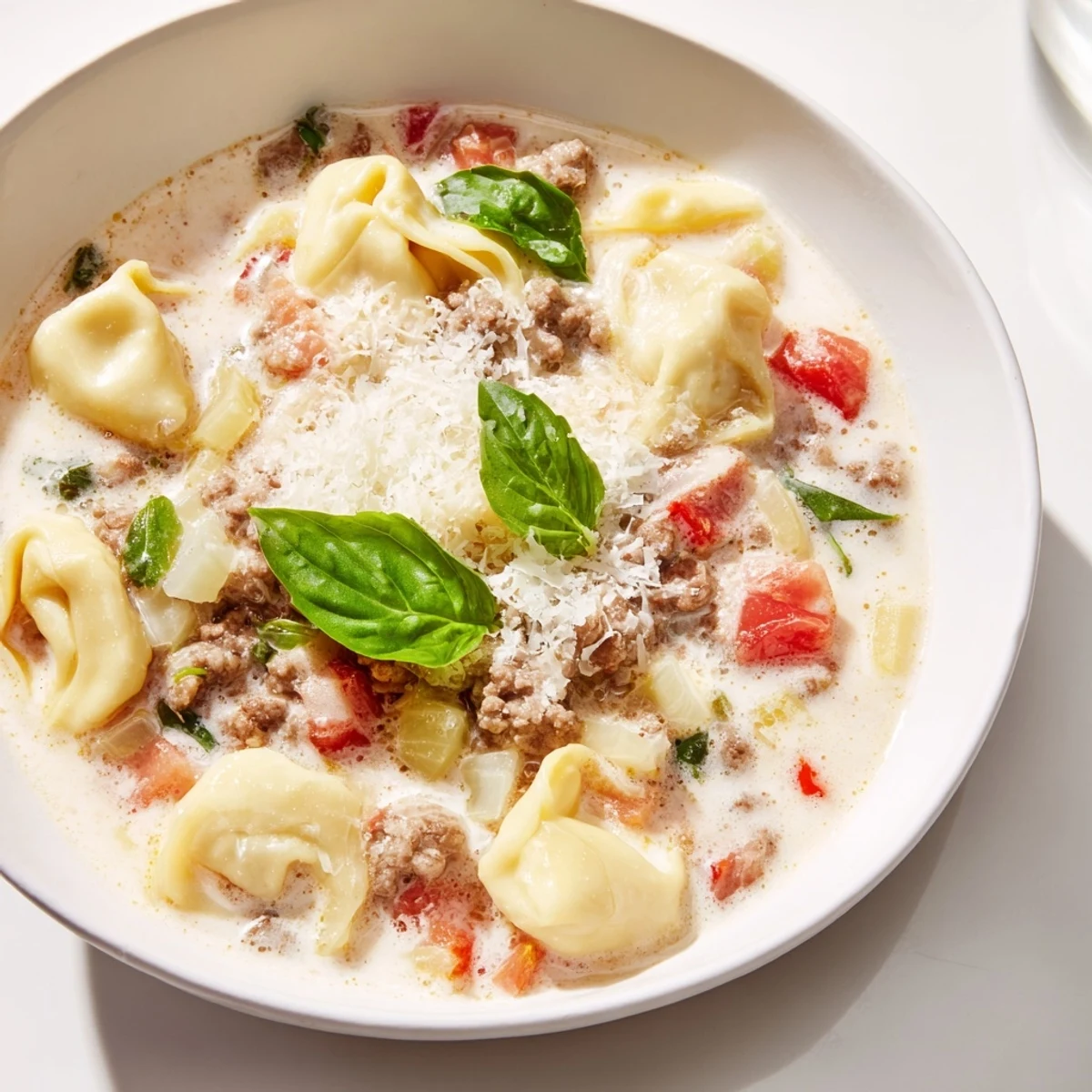 Hearty and flavorful, serving of Tortellini Beef Soup with Parmesan cheese, Italian-American classic.
