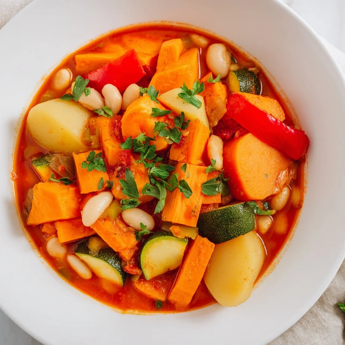Enjoy a nourishing, steaming bowl of Hearty Vegan Sweet Potato Stew, offering a hearty, flavorful meal.