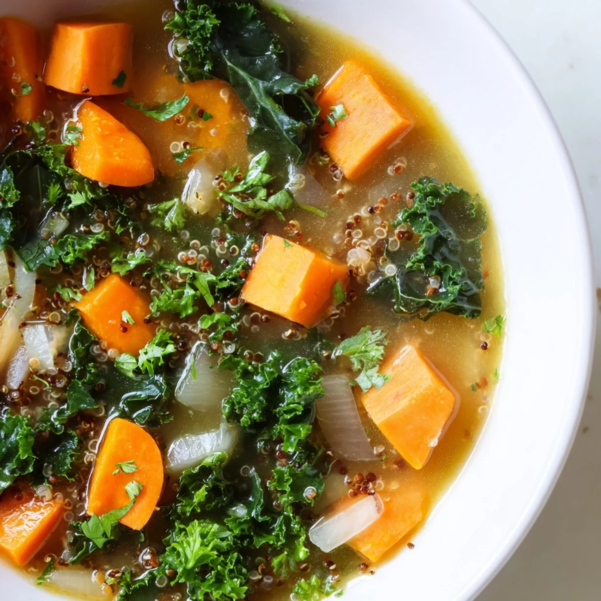 Close-up of vibrant Nourishing Winter Veggie Soup, highlighting colorful vegetables and fluffy quinoa.