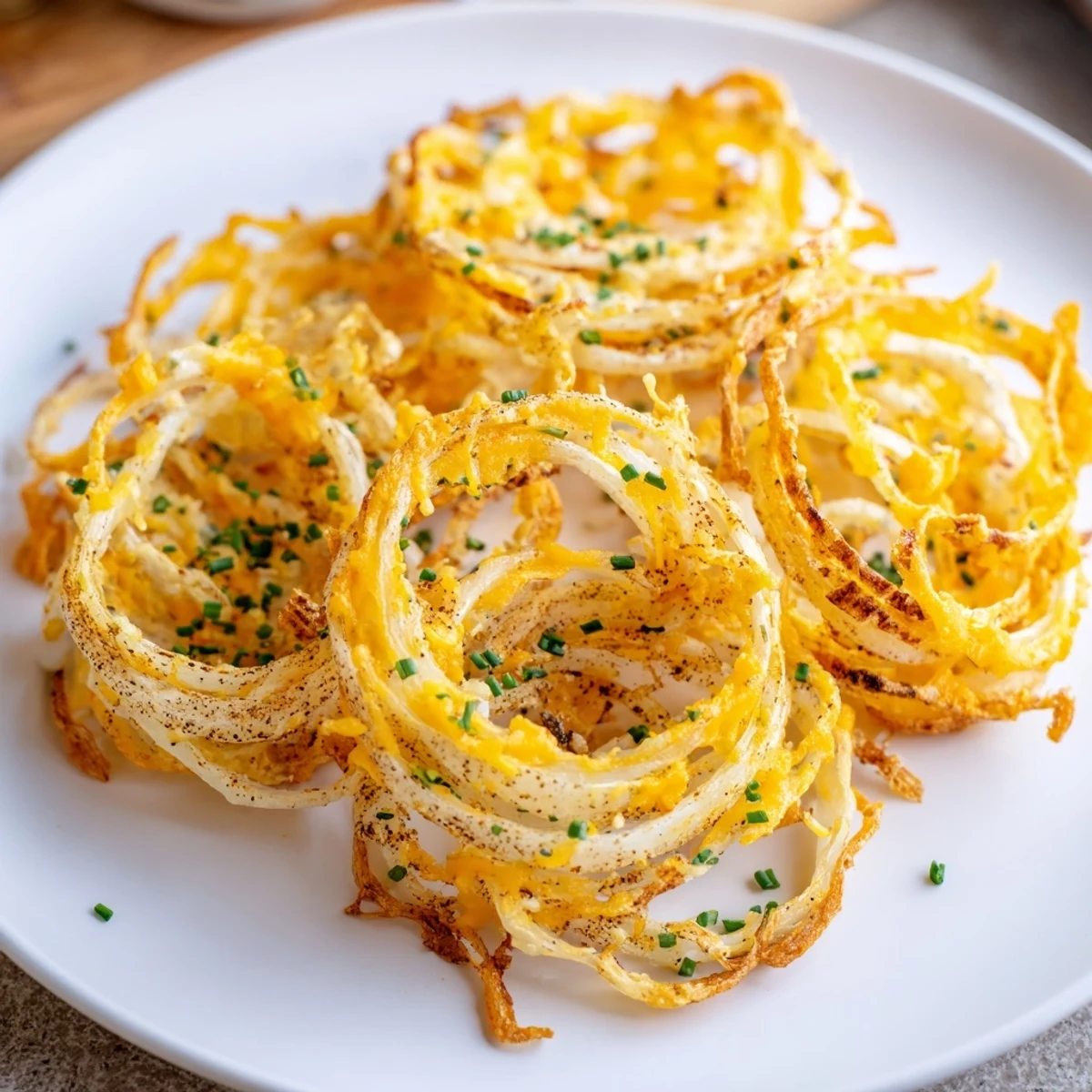 Mouthwatering image of homemade Crispy Onion Cheese Chips; air fryer basket filled with crispy cheese and onions.