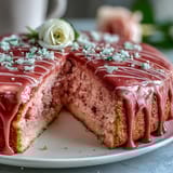 Bräutigamstorte in zartrosa mit cremiger Füllung und glänzender Goldtropfenglasur.  