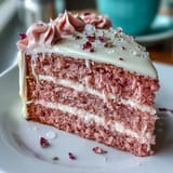 Festlicher Rosé Velvet Cake, mit fließendem goldenem Zuckerguss dekoriert.