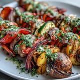 Unsere perfekten Grilled Veggie Kabobs mit lebendiger, frischer Chimichurri glänzen auf jedem Teller.