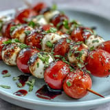 Erfrischende Caprese-Spieße Appetizer mit leuchtenden Farben und frischem Basilicum.