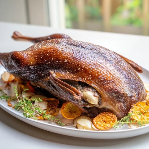 Golden-brown Festive Roast Goose glistens, showcasing an Asian five-spice rub's rich aroma for a holiday feast.