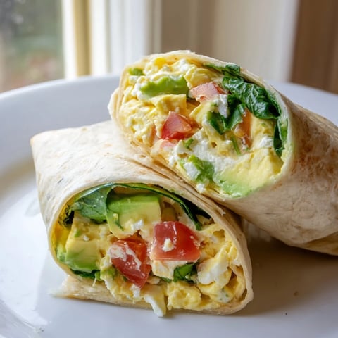 Fluffy feta egg wrap, filled with spinach, tomatoes, and creamy feta, ready to enjoy for breakfast.