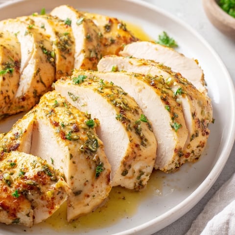 Creamy Greek yogurt chicken, baked golden brown, served with fresh herbs and lemon wedges.