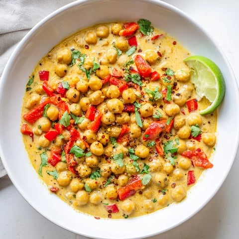 Warm, fragrant Chickpea Curry bubbling in a pot, served with fresh cilantro and a lime wedge.