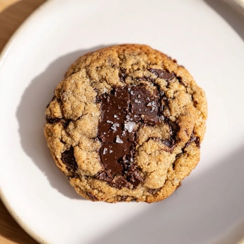 Golden-brown Miso Brown Butter Cookies, ready to eat, featuring generous chocolate chunks, a perfect pairing.