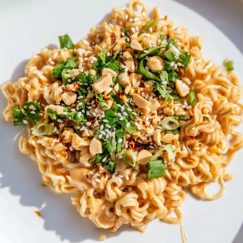 Instant Peanut Thai Sauce Noodles, coated in a rich peanut sauce and ready to serve with fresh cilantro.