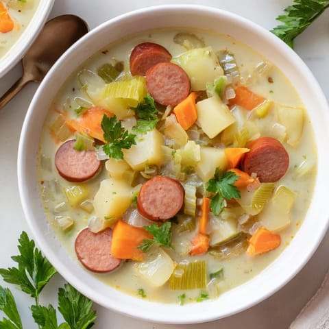 Herzhaftes Kartoffelsuppe-Rezept mit würzigen Wiener Würstchen für gemütliche Abende.