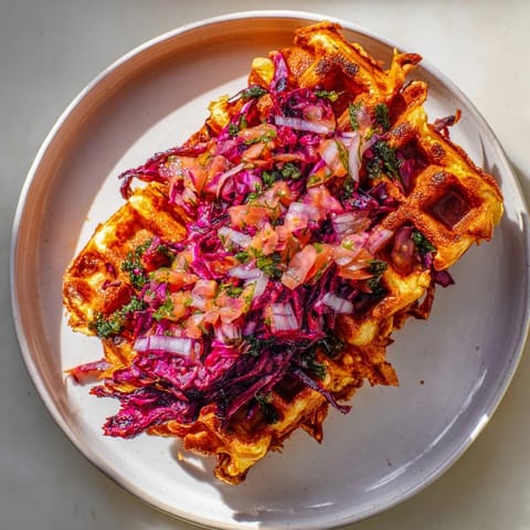A close-up of savory Crispy Red Cabbage Waffles, showing the beautiful texture and perfect browning.