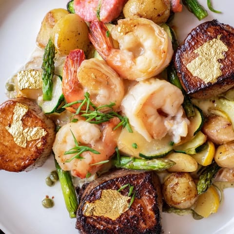 A visually stunning Golden Heart Luxury Platter, featuring shrimp, scallops, and filet mignon ready to serve.
