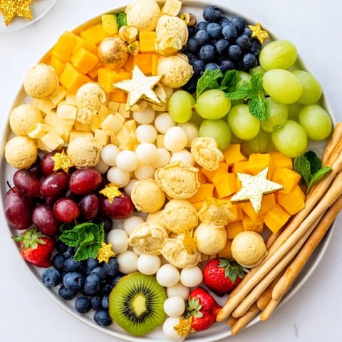 A beautifully arranged Comet & Planet Grazing Tray features cheese planets, fruit stars, and cracker comets.