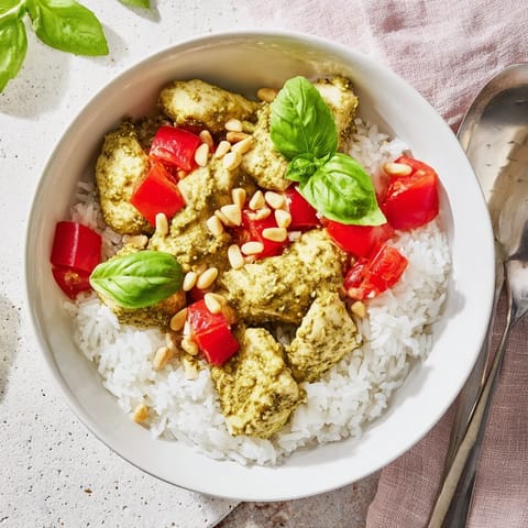 Frisch angerichtetes Hühnchen-Pesto-Reis-Bowl im stimmungsvollen US-Küchenlicht mit Pinienkernen und Parmesan.