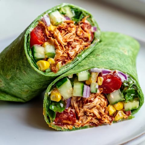 Frisch gewrappte BBQ Chicken Salad Wrap auf einem holzernen Teller, umgeben von Cherrytomaten und Mais für ein authentisches amerikanisches Gericht.