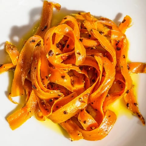 Gedünstete Karotten-Spiralen liegen auf knackigem gemischtem Salat mit zähen Nüssen, getoppt mit einem honig-senf Vinaigrette.